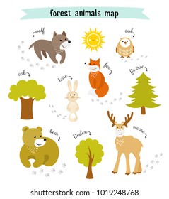 Forest animals vector map with trees and animal footprints