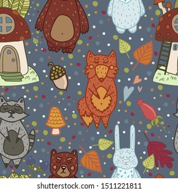 Forest animals vector pattern. Fairytale animals. Ideal for printed materials, books, and textiles