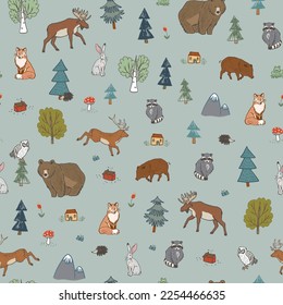 Forest animals vector seamless pattern.