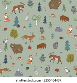 Forest animals vector seamless pattern.