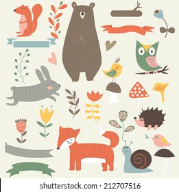 Forest animals in vector set. Bear, squirrel, owl, rabbit, birds, snail, fox, hedgehog, mushrooms, flowers, ribbons in cartoon style.