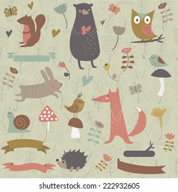 Forest animals in vector set. Bear, owl, fox, squirrel, hedgehog, birds, snail, mushrooms, flowers and butterflies in cartoon style