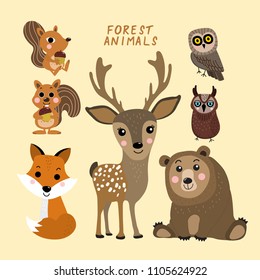 Forest animals vector set. Cute deer, fox, owl, squirrel and bear cartoon collection . Wildlife character.