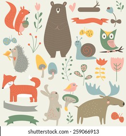Forest animals in vector set. Cute bear, rabbit, elk, fox, hedgehog, snail, birds, squirrel, butterflies, owl, mushrooms, flowers and ribbons in cartoon style