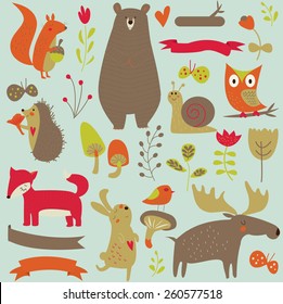 Forest animals in vector set. Cute bear, rabbit, elk, fox, hedgehog, snail, birds, squirrel, butterflies, owl, mushrooms, flowers and ribbons in cartoon style