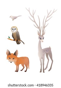 Forest Animals Vector Set. Deer, Red Fox, Owl, Bird. The vector illustration of the Forest Animals. Set of Cute Animals isolated on White Background. Vector illustration EPS8. No Transparency! 