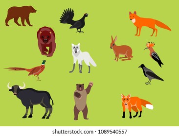 Forest animals vector set, animals icons, bear, wolf, fox, birds, buffalo.