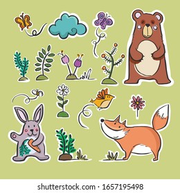 Forest animals vector set of icons and illustrations.