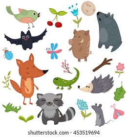 Forest animals vector set of icons and illustrations.