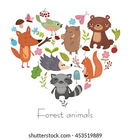 Forest animals vector set of icons and illustrations. Symbols in the shape of heart.