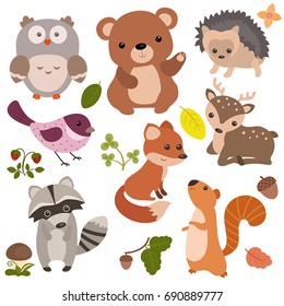 Forest animals vector set of icons and illustrations.