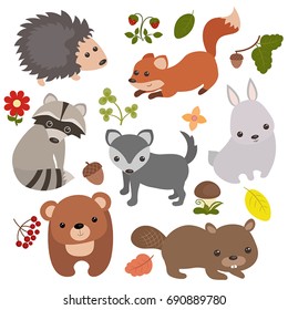 Forest animals vector set of icons and illustrations.