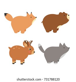 Forest animals vector set of icons and illustrations. Cartoon illustration of baby animals including deer, wolf, bear, fox. Logo, badges, banners, emblem and design elements