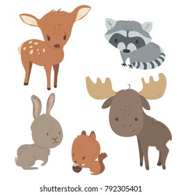 Forest animals vector set with isolated cartooning deer moose raccoon rabbit squirrel