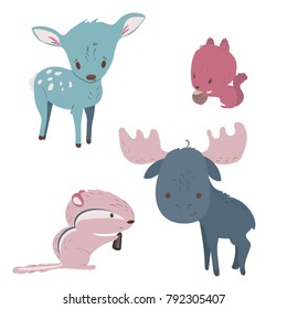 Forest animals vector set with isolated cartooning moose deer squirrel chipmunk in pink blue colors