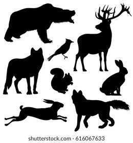 Forest Animals Vector Silhouettes Set. Predator Animal Mammal, Illustration Of Black Silhouette Animal