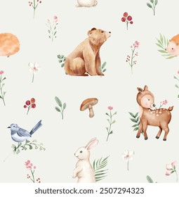 Forest Animals watercolor cute baby nursery illustration seamless pattern