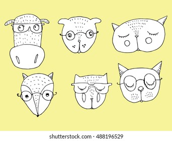 Forest animals wearing glasses. Portraits of animals wearing glasses. Cartoon animals. Children's art. Black and white drawing by hand. Doodle. Set.