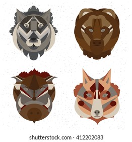 Forest animals. Wild boar, bear, fox and wolf in geometric style. Vector icon set. 