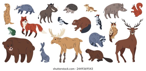 Forest animals. Wild mammals. Badger and fox. European brown bear. Woodland chipmunk and squirrel. Hare in wildlife wood. Warthog boar. Owl bird. Tiger and deer. Vector cartoon tidy illustration set