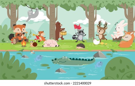 Forest animals in wild nature cartoon