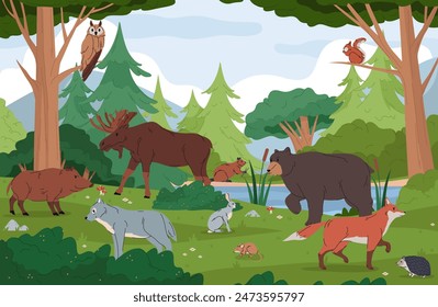 Forest animals in wild nature on meadow with flowers and mushrooms. Vector natural landscape with mountain lake, trees and bushes. Biodiversity of flora and fauna in woods. Wildlife in woodland