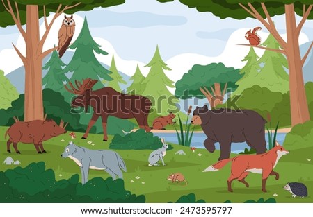 Forest animals in wild nature on meadow with flowers and mushrooms. Vector natural landscape with mountain lake, trees and bushes. Biodiversity of flora and fauna in woods. Wildlife in woodland