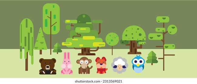 Waldtiere in freier Natur.Farbige, flache Vektorgrafik.