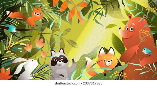 Animales forestales en el bosque silvestre haciendo una fiesta. El mapache del conejo y el zorro entre los árboles y la naturaleza, colorido fondo forestal para los niños. Vector de animales dibujados a mano en forma de acuarela para niños.