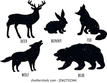 Forest animals. wolf, fox, deer, bear, hare. silhouette graphics. eps format