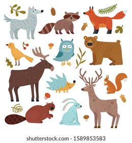 Forest animals. Wolf, raccoon and fox, bear and owl, deer, squirrel and hedgehog, hare and beaver, elk. Wildlife vector isolated set