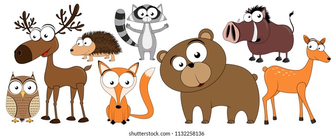 Forest animals/ woodland animals - collection of funny vector clip-arts (elk/moose, bear, fox, hedgehog, owl, racoon, wild boar, brown bear, roe/deer)