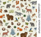 Forest animals woodland vector seamless pattern.