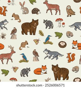 Forest animals woodland vector seamless pattern.