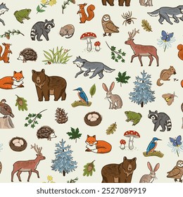 Forest animals woodland vector seamless pattern.