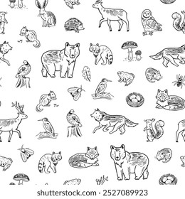 Forest animals woodland vector seamless line pattern.