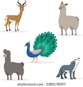 Animales forestales. Fauna silvestre de bosque, oso, zorro, badger, liebre y jabalí. Mamíferos silvestres, alces, castores, aves silvestres, linces. Habitantes de madera. Ilustraciones vectoriales planas aisladas en fondo blanco