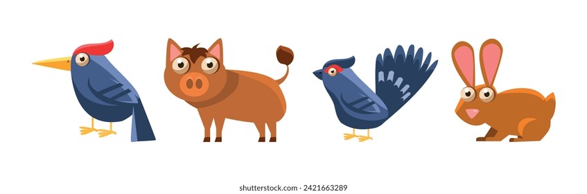 Forest Animals with Woodpecker, Boar, Magpie and Bunny Vector Set