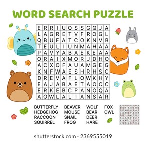 Forest animals. Word search game puzzle for kids. Squishmallow. English words. Cartoon, kawaii. Isolated vector illustration eps 10