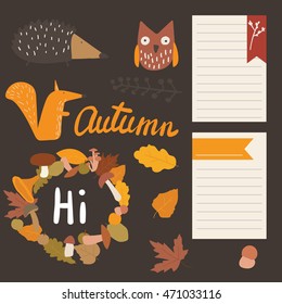 Forest animals, wreath. Autumn set of stickers for design website, blog, magazine, for scrapbook. Set of autumn. Autumn object isolated  color. Autumn design. Autumn element. Autumn decor cartoon. 