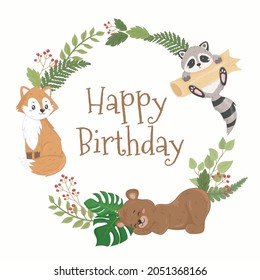 Forest Animals Wreath With Bear Raccoon Fox Banner Template Baby Shower Card Invitation 