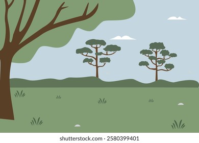 Forest animation. Jungle illustration. Trees. Countryside. Savanna. Tropical forest. Forest cartoon. Children book background.