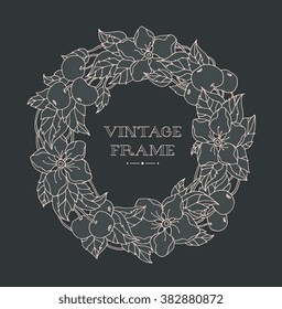 Forest apple tree blossom wreath, wild apple fruits. Vector. Hand drawn artwork. Love bohemia concept for wedding invitation, card, ticket, branding, boutique logo, label. Black gray pink colors
