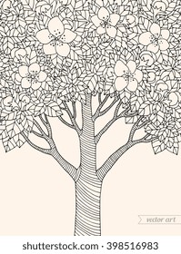 Forest apple tree flowers. Detailed illustration. Vector artwork. Black, beige color
