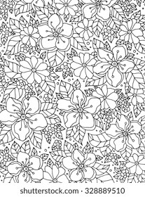 Forest apple tree flowers. Vector artwork. Love bohemia concept for wedding invitation, card, ticket, branding, boutique logo, label. Web and mobile interface. Coloring book page for adult Black white