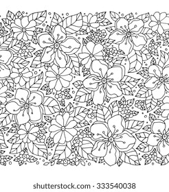 Forest apple tree flowers. Vector artwork. Love bohemia concept for wedding invitation, card, ticket, branding, boutique logo, label. Web and mobile interface. Coloring book page for adult Black white