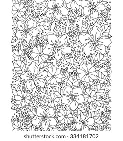 Forest apple tree flowers. Vector artwork. Love bohemia concept for wedding invitation, card, ticket, branding, boutique logo, label. Web and mobile interface. Coloring book page for adult Black white