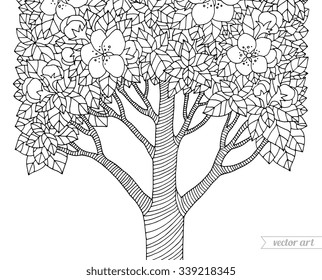Forest apple tree flowers. Vector artwork. Love bohemia concept for invitation, card, ticket, branding, boutique logo, label, emblem. Web mobile interface. Coloring book page for adult. Black, white