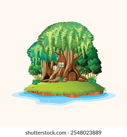Bosque - naturaleza del árbol de manzana con la ilustración del cielo del arco iris