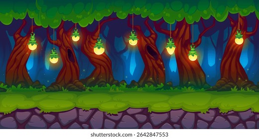 Forest arcade game background, fairytale night landscape with magic lanterns. Cartoon vector whimsical side scroller level location, illuminated by glowing lights hanging from mystical enchanted trees